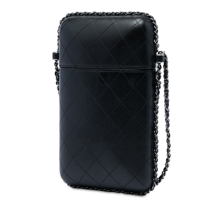 CC Matelassé Sac rond à chaîne Étui téléphone Cuir d'agneau Noir