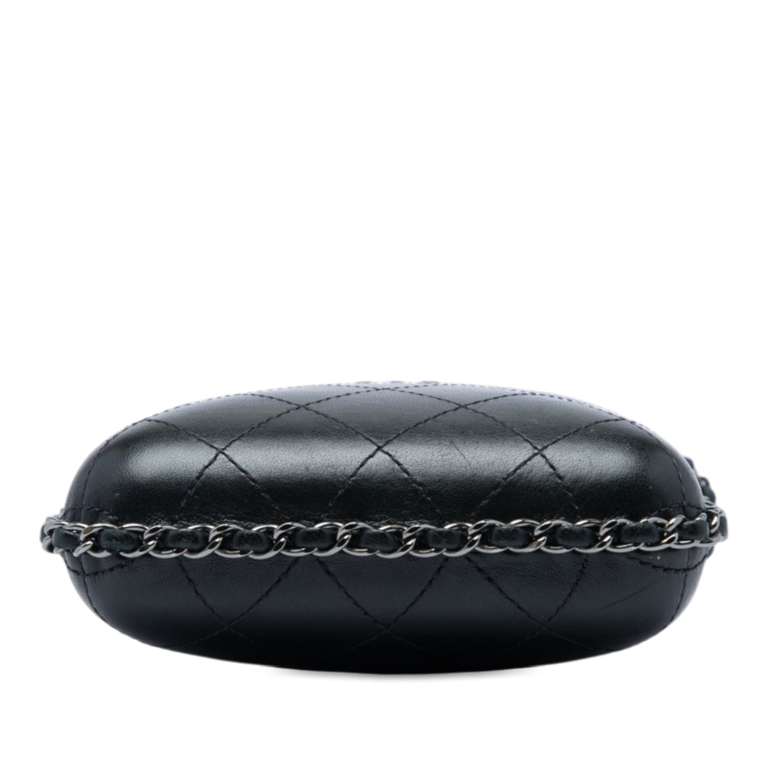 CC Matelassé Sac rond à chaîne Étui téléphone Cuir d'agneau Noir
