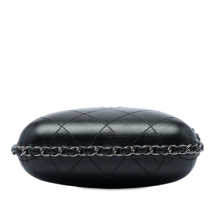 CC Matelassé Sac rond à chaîne Étui téléphone Cuir d'agneau Noir