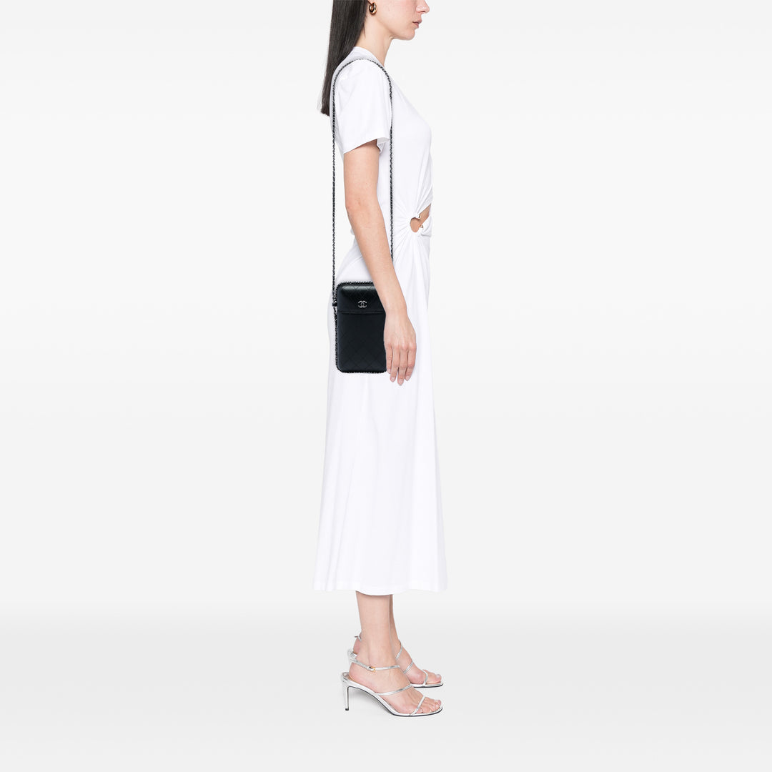 CC Matelassé Sac rond à chaîne Étui téléphone Cuir d'agneau Noir