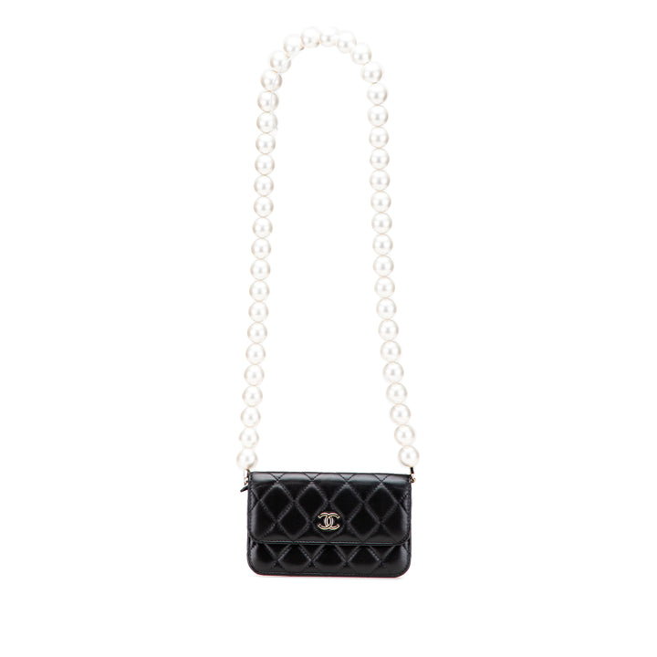 Quilted Calfskin Maxi Pearls Clutch With Chain Black - Gaby Paris