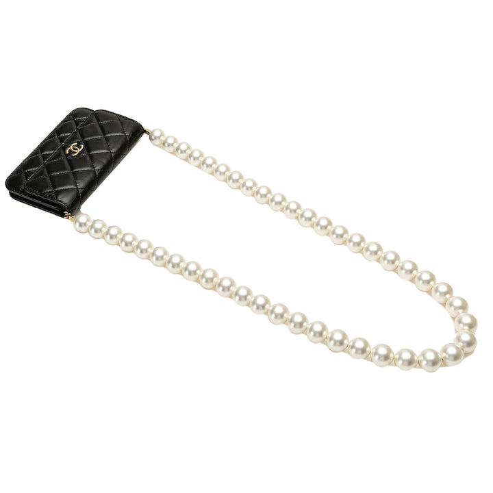 Quilted Calfskin Maxi Pearls Clutch With Chain Black - Gaby Paris