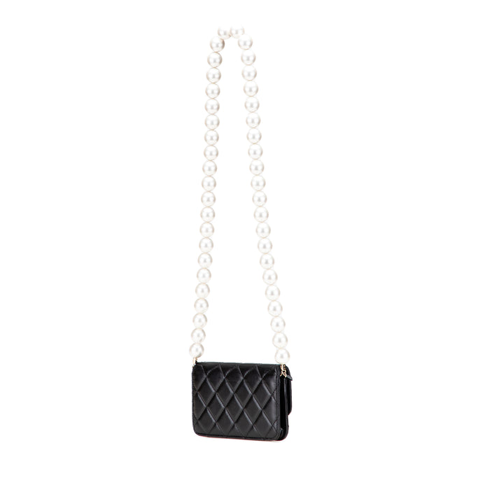 Quilted Calfskin Maxi Pearls Clutch With Chain Black - Gaby Paris