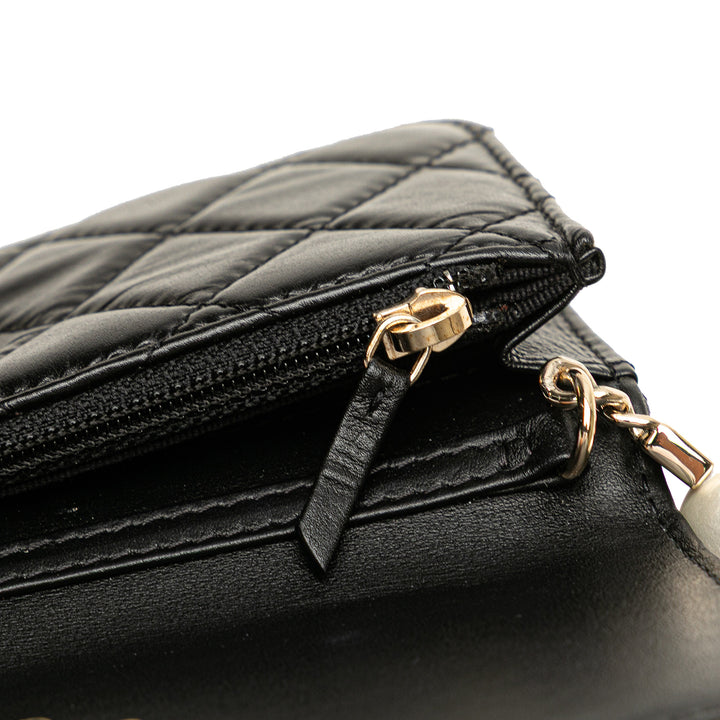 Quilted Calfskin Maxi Pearls Clutch With Chain Black - Gaby Paris