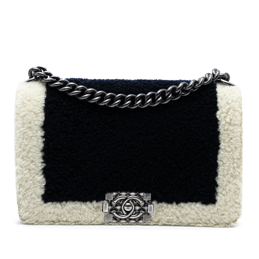 Chanel Bicolore Shearling Boy à rabat Moyen Matière naturelle