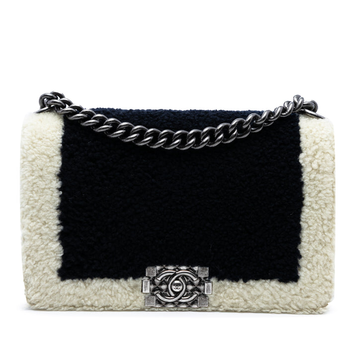 Chanel Bicolore Shearling Boy à rabat Moyen Matière naturelle