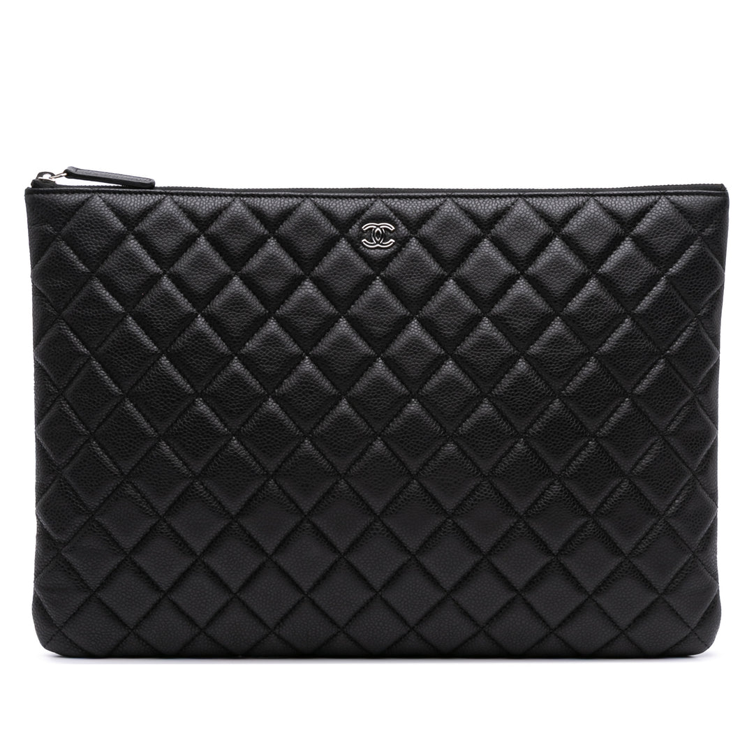 Large Quilted Caviar O Case Clutch Black - Gaby Paris