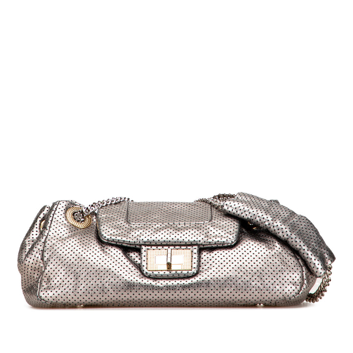 Chanel Métallisé Perforated Cuir de veau Drill Accordion Flap Argenté