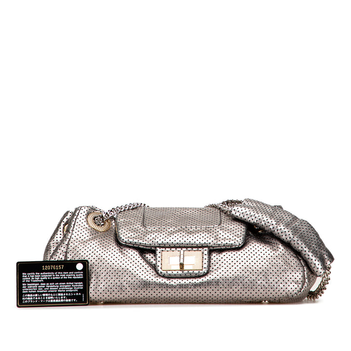 Chanel Métallisé Perforated Cuir de veau Drill Accordion Flap Argenté