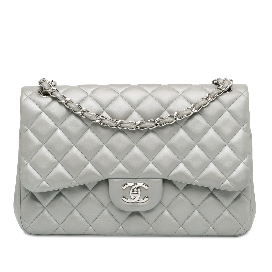 Jumbo Classic Lambskin Double Flap Silver - Gaby Paris