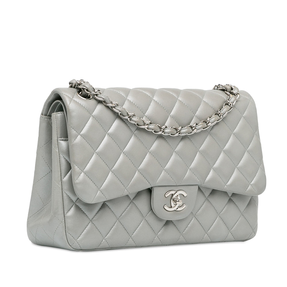 Jumbo Classic Lambskin Double Flap Silver - Gaby Paris