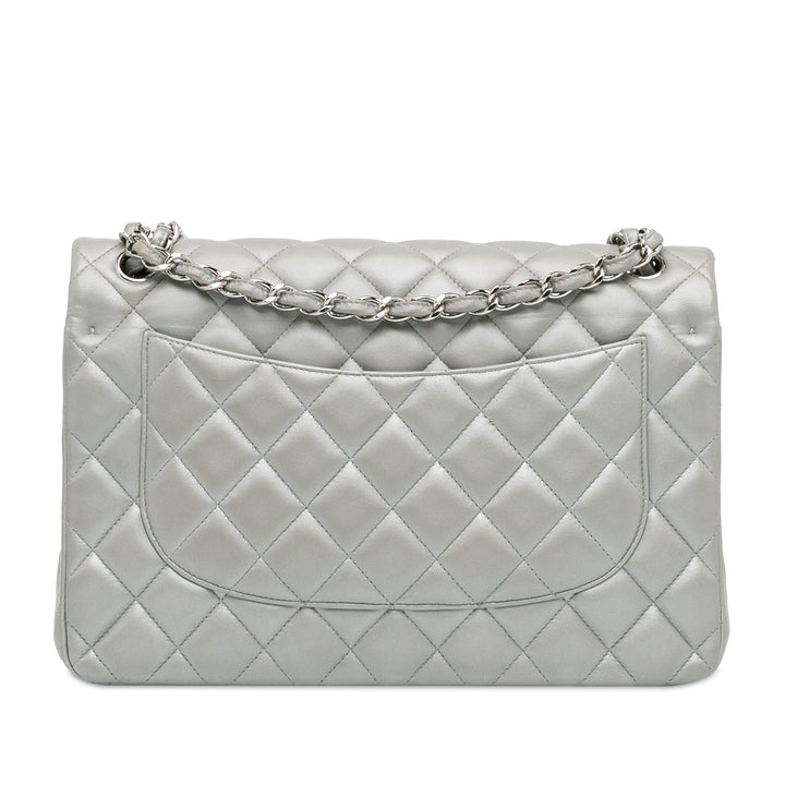 Jumbo Classic Lambskin Double Flap Silver - Gaby Paris