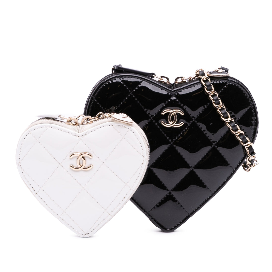 Quilted Patent Calfskin CC Heart Clutch With Chain Black - Gaby Paris