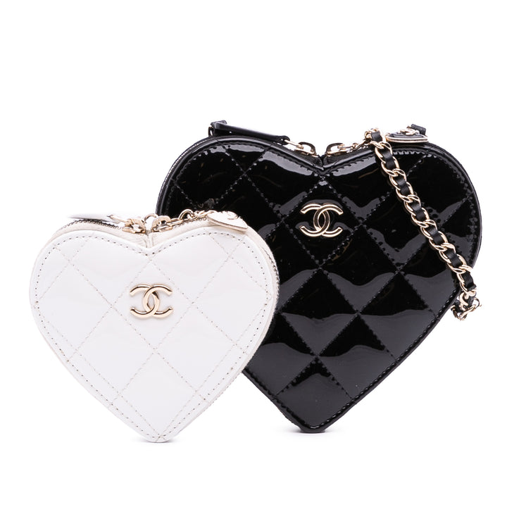 Quilted Patent Calfskin CC Heart Clutch With Chain Black - Gaby Paris