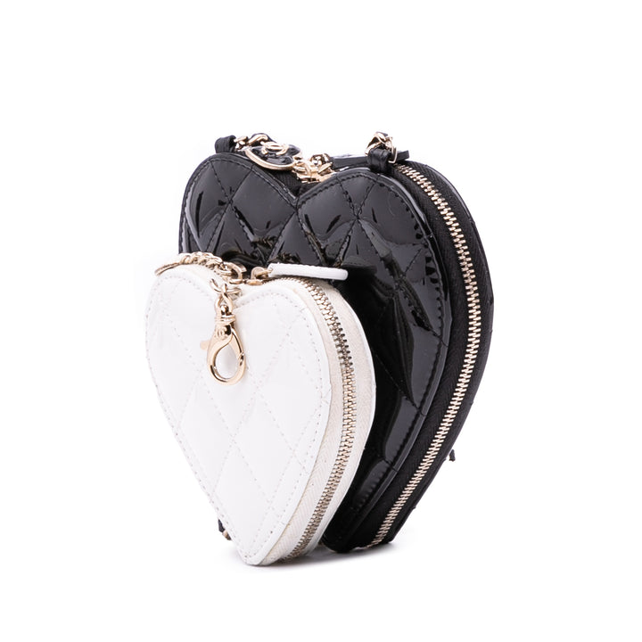 Quilted Patent Calfskin CC Heart Clutch With Chain Black - Gaby Paris
