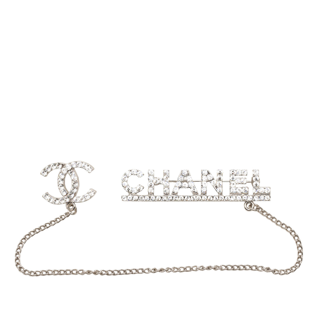 Chanel CC Brass Strass Pin Broche avec chaîne