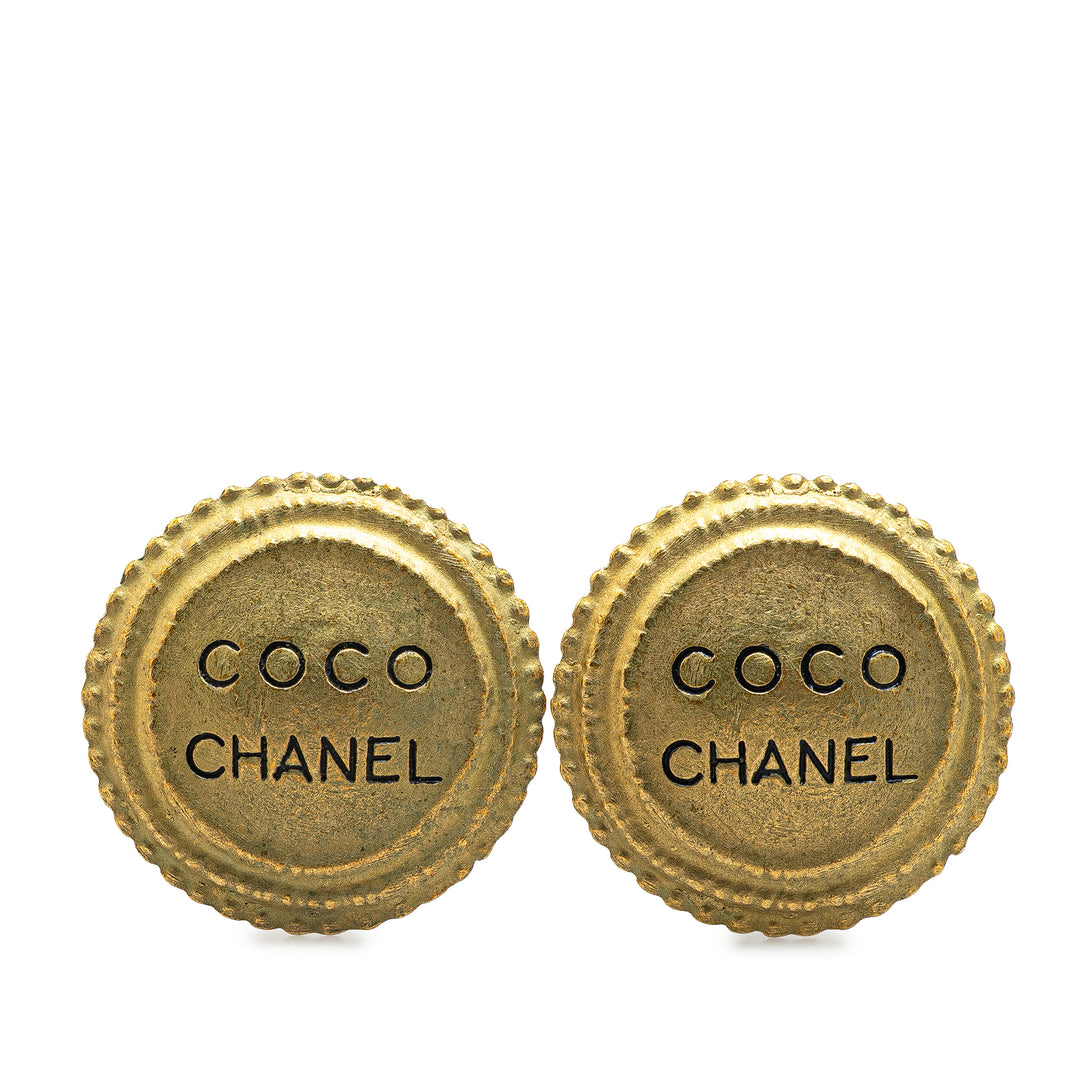 Gold Plated Logo Engraved Button Clip On Earrings Gold - Gaby Paris