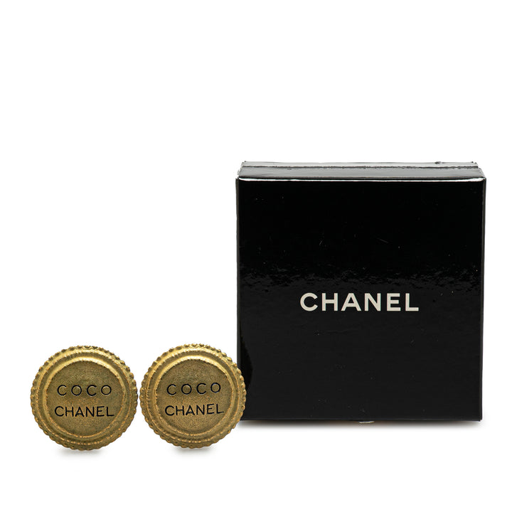 Gold Plated Logo Engraved Button Clip On Earrings Gold - Gaby Paris