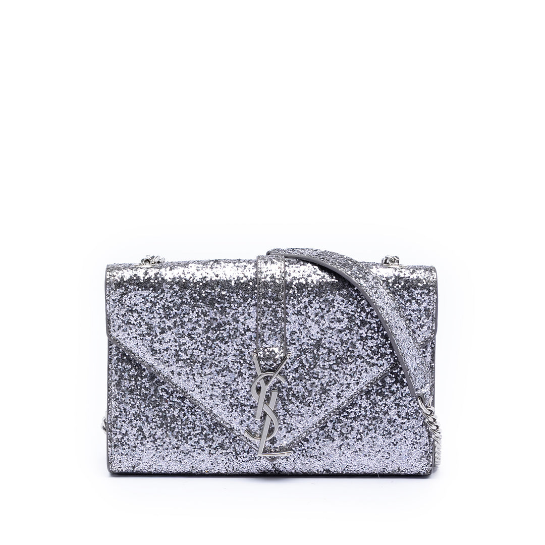 Saint Laurent Glitter Galactica Cuir Monogram Envelope Chain Portefeuille