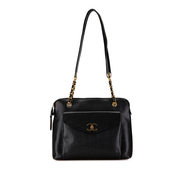 Caviar Front Pocket Chain Tote Black - Gaby Paris