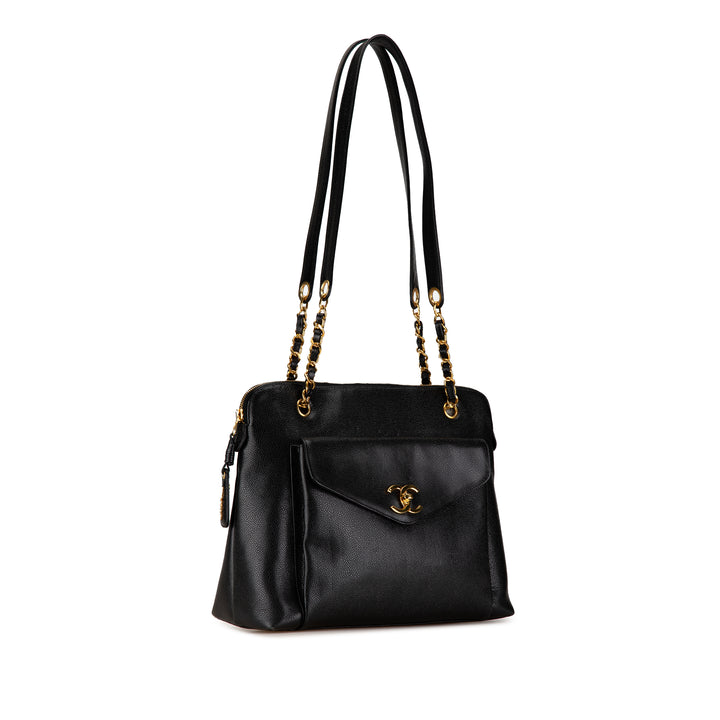 Caviar Front Pocket Chain Tote Black - Gaby Paris