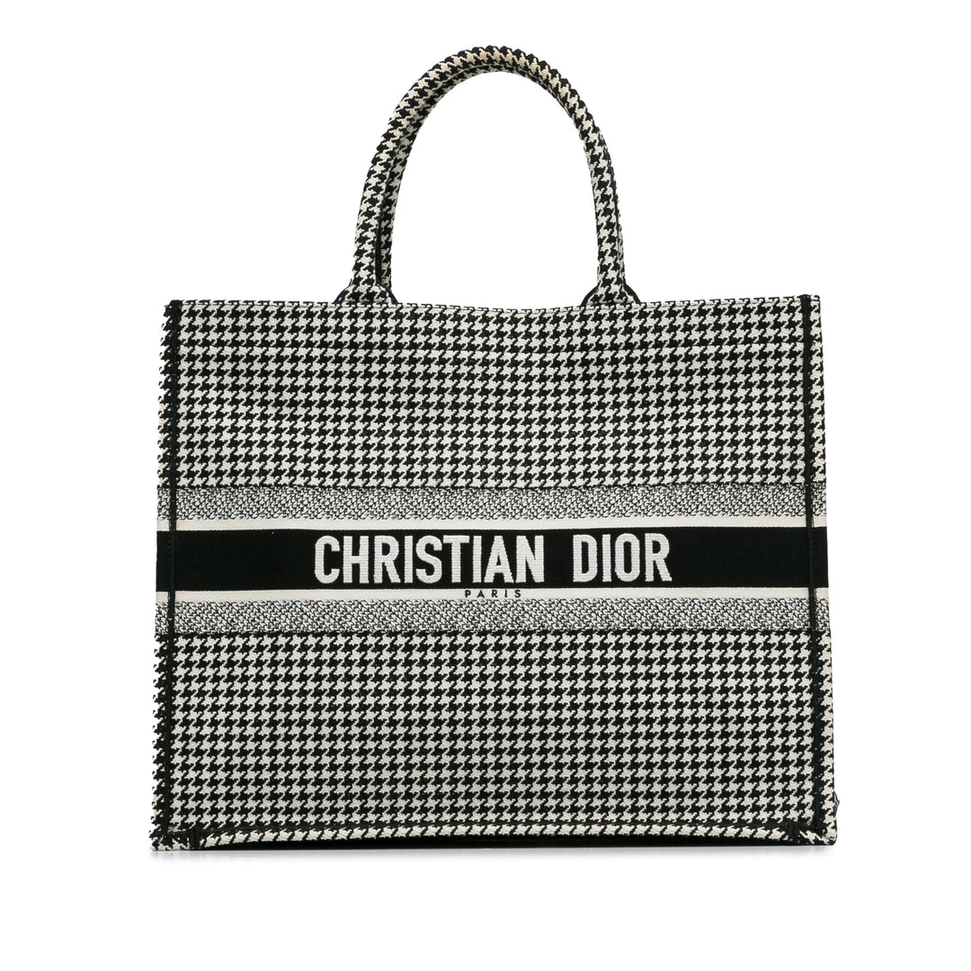 Large Canvas Houndstooth Embroidered Book Tote Black - Gaby Paris