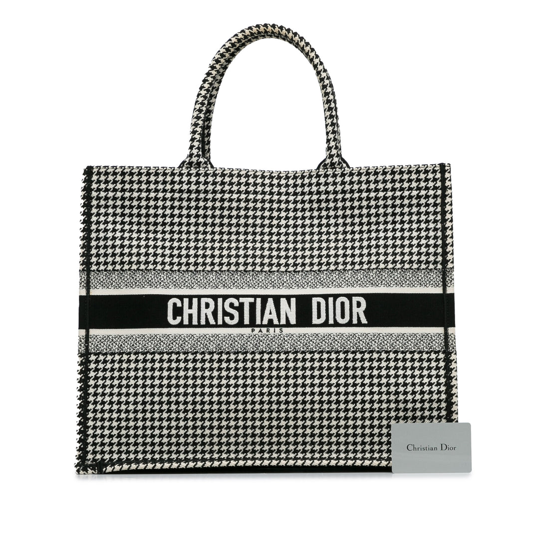 Large Canvas Houndstooth Embroidered Book Tote Black - Gaby Paris