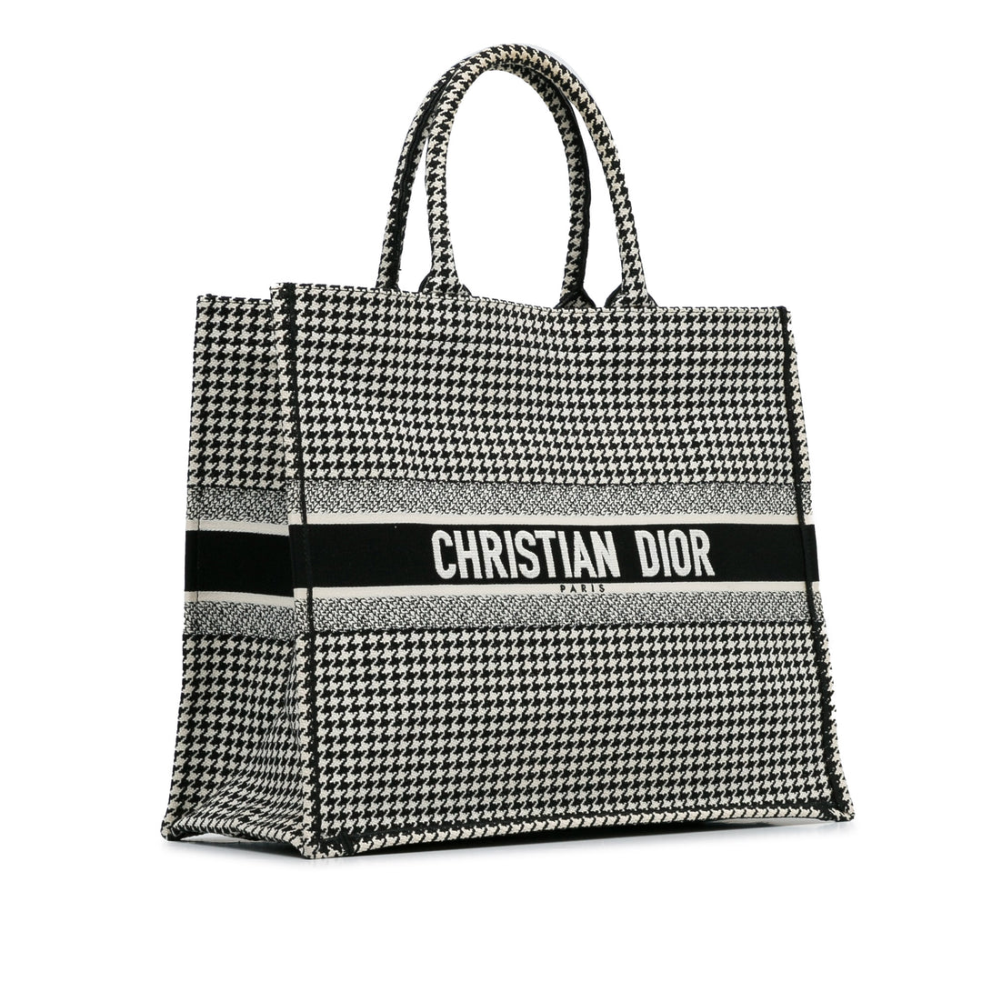 Large Canvas Houndstooth Embroidered Book Tote Black - Gaby Paris