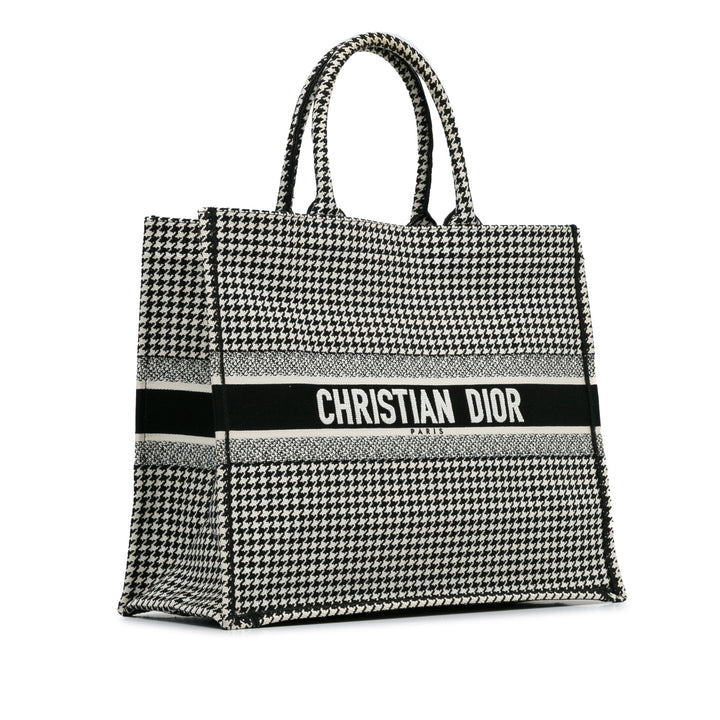 Large Canvas Houndstooth Embroidered Book Tote Black - Gaby Paris