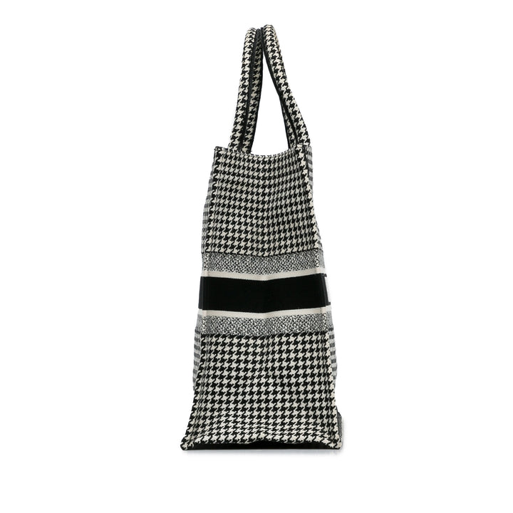 Large Canvas Houndstooth Embroidered Book Tote Black - Gaby Paris