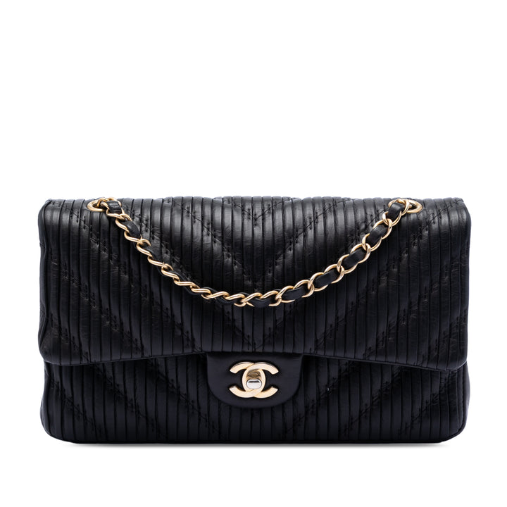 Chanel Medium Classic Chevron Cuir de veau Pleated Double rabat