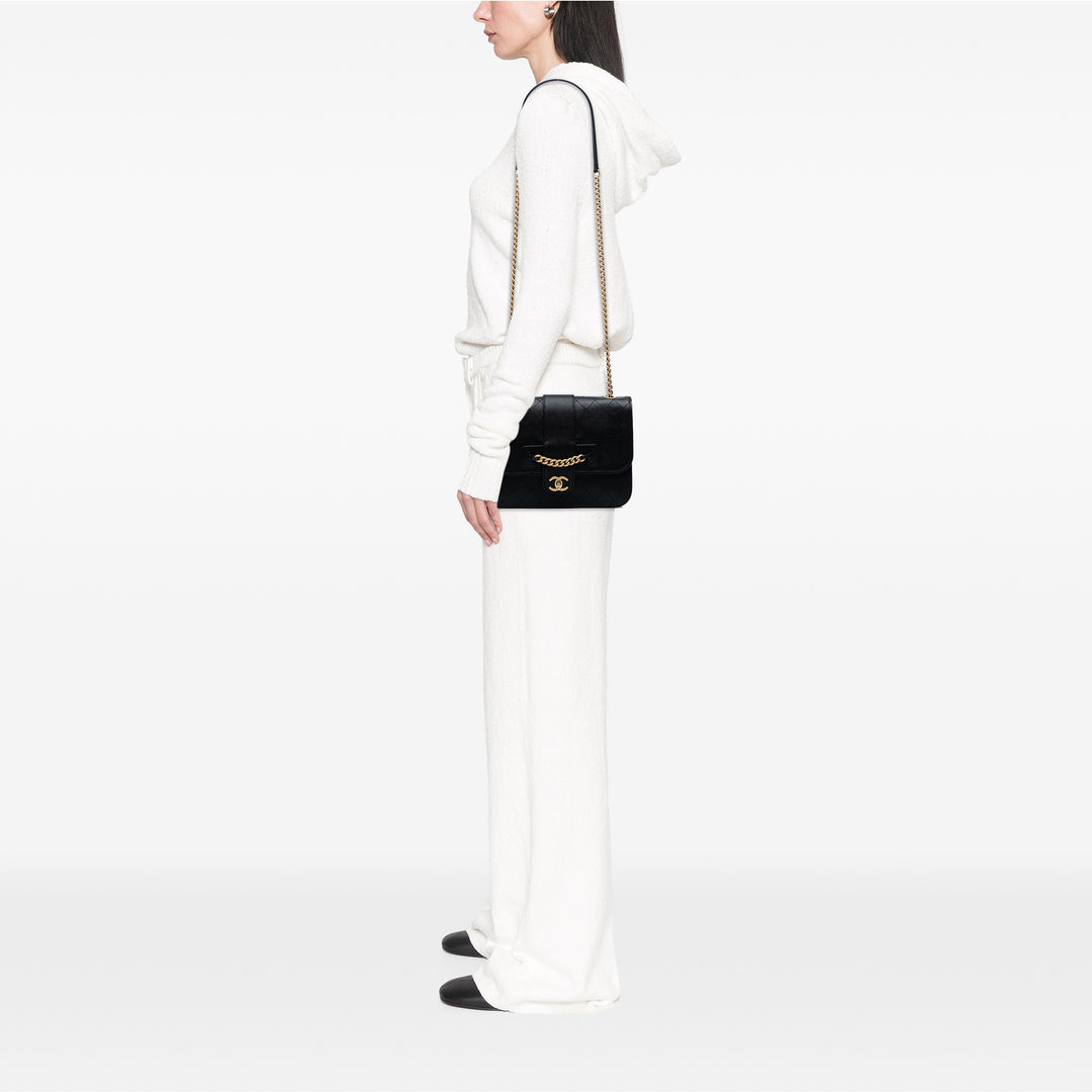 Chanel Large Quilted Sheepskin Front Chain Flap Noir