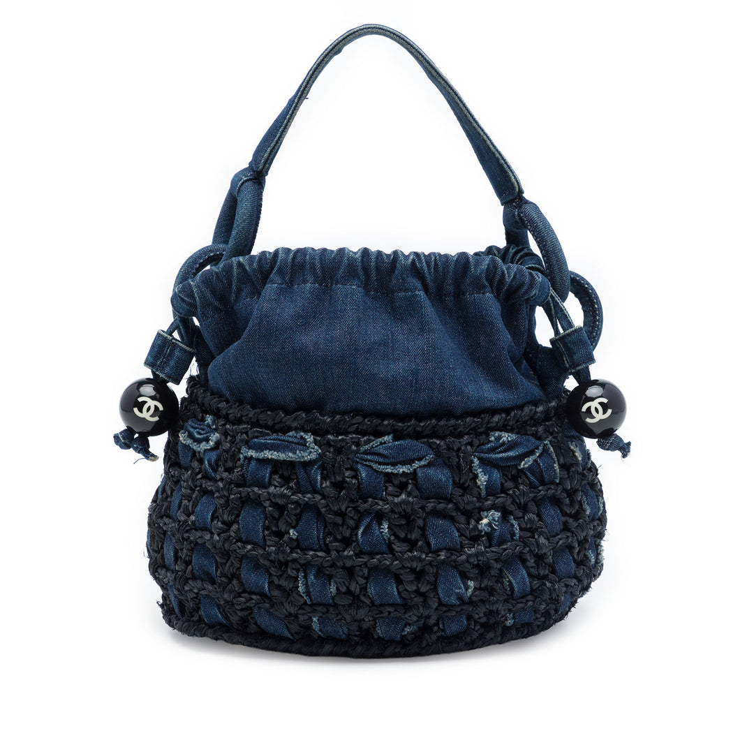 Chanel CC Woven Jean et Raffia Drawstring Bucket Sac