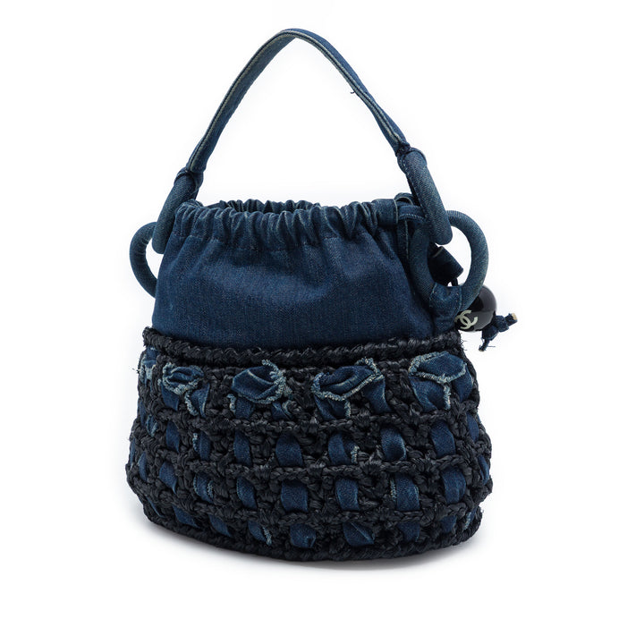Chanel CC Woven Jean et Raffia Drawstring Bucket Sac
