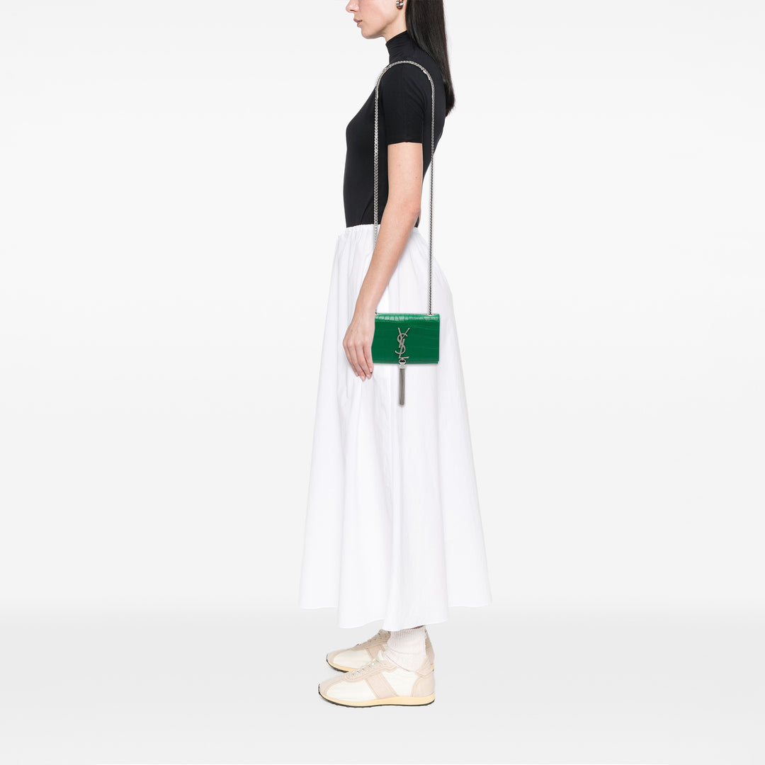 Saint Laurent Croc embossé Kate Pompon Sac Petit Vert – vue 6 – GABY PARIS