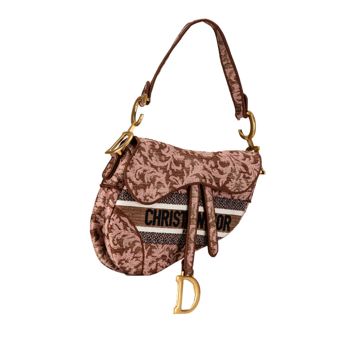 Canvas Embroidered Brocart Saddle Bag Pink - Gaby Paris