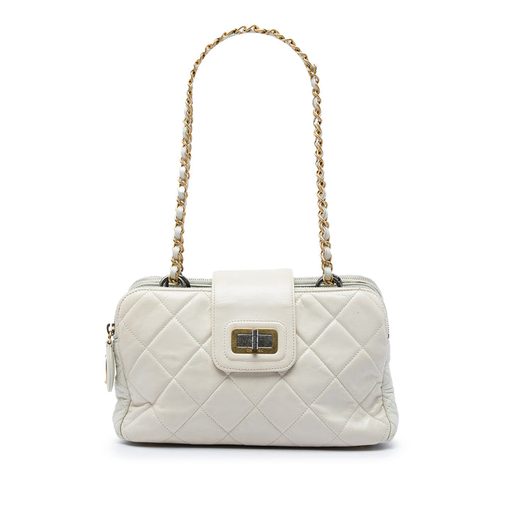 Matelassé vieilli Mademoiselle Triple Zippé Sac Cuir de veau Blanc
