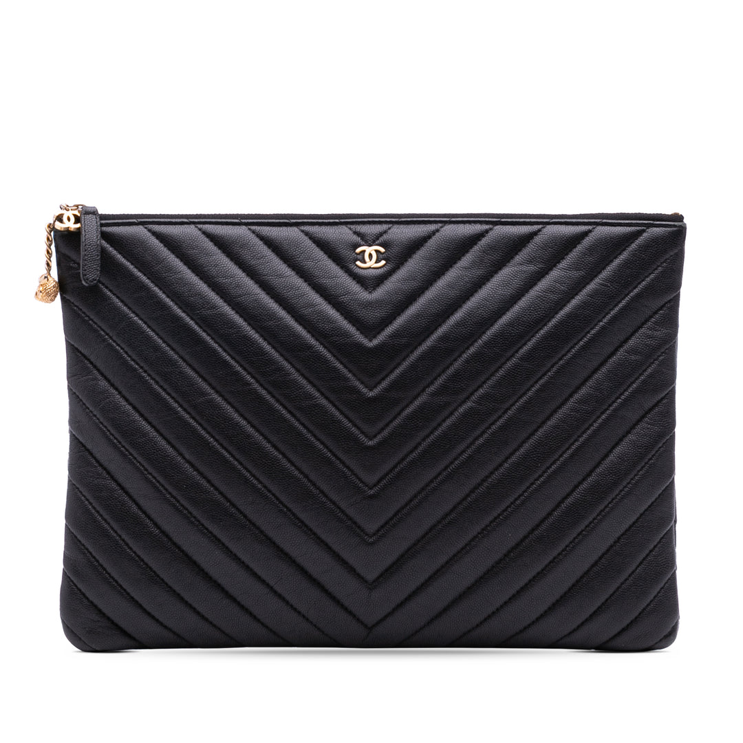 Large Chevron Caviar Ancient Greek Charms O Case Clutch Black - Gaby Paris