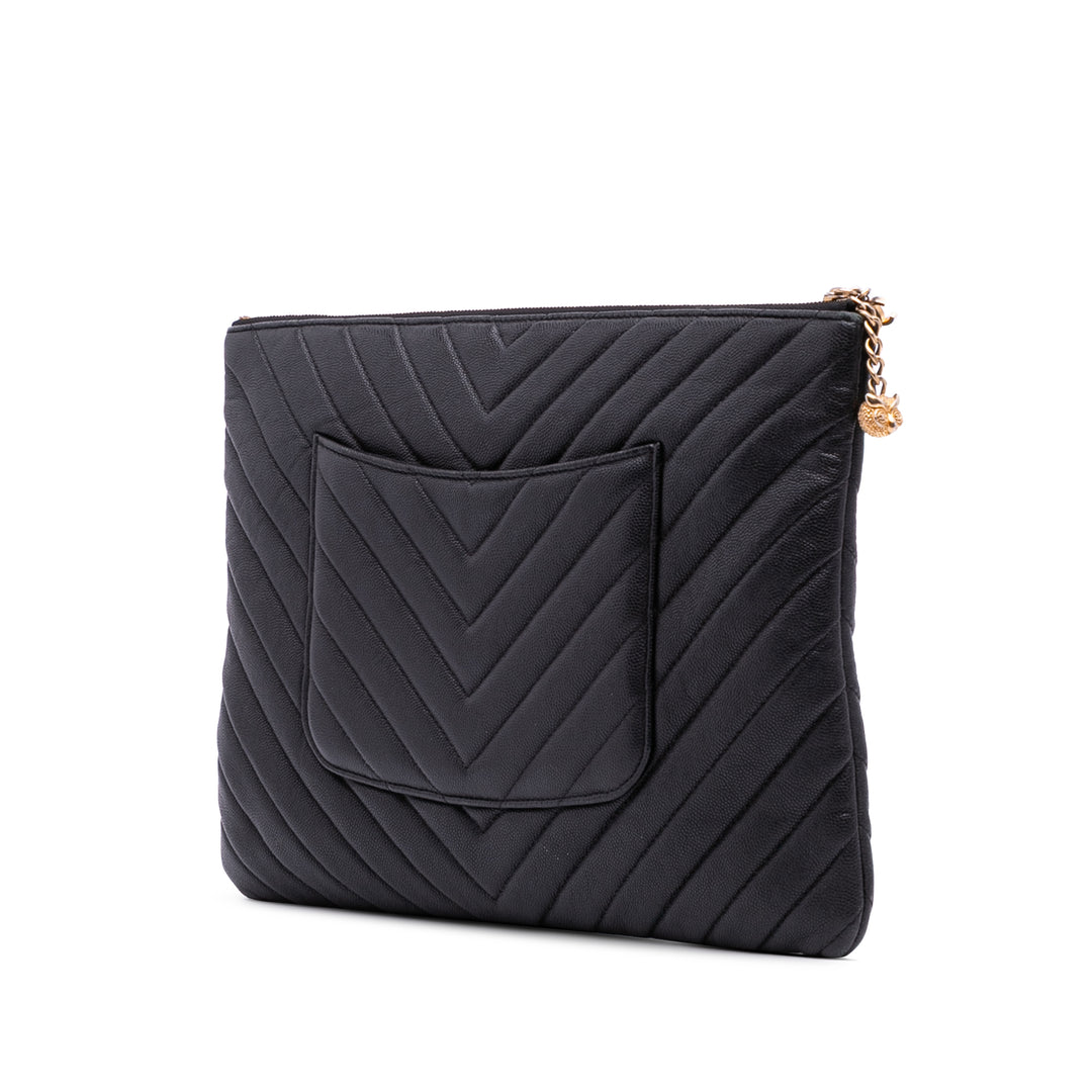 Large Chevron Caviar Ancient Greek Charms O Case Clutch Black - Gaby Paris