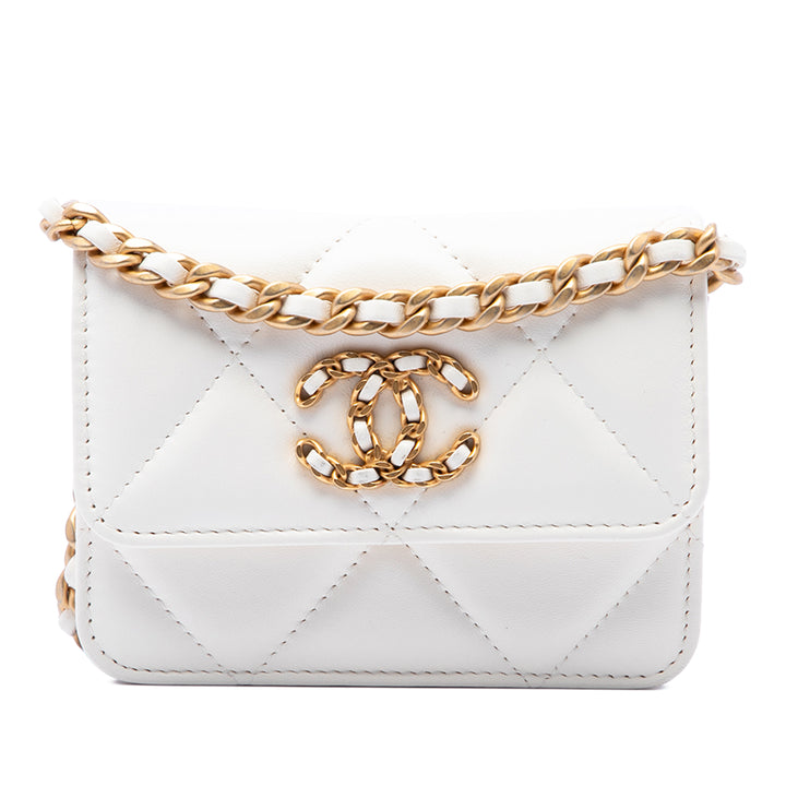 Chanel Matelassé 19 à rabat Porte-monnaie avec chaîne Cuir d'agneau Blanc – vue principale – GABY PARIS