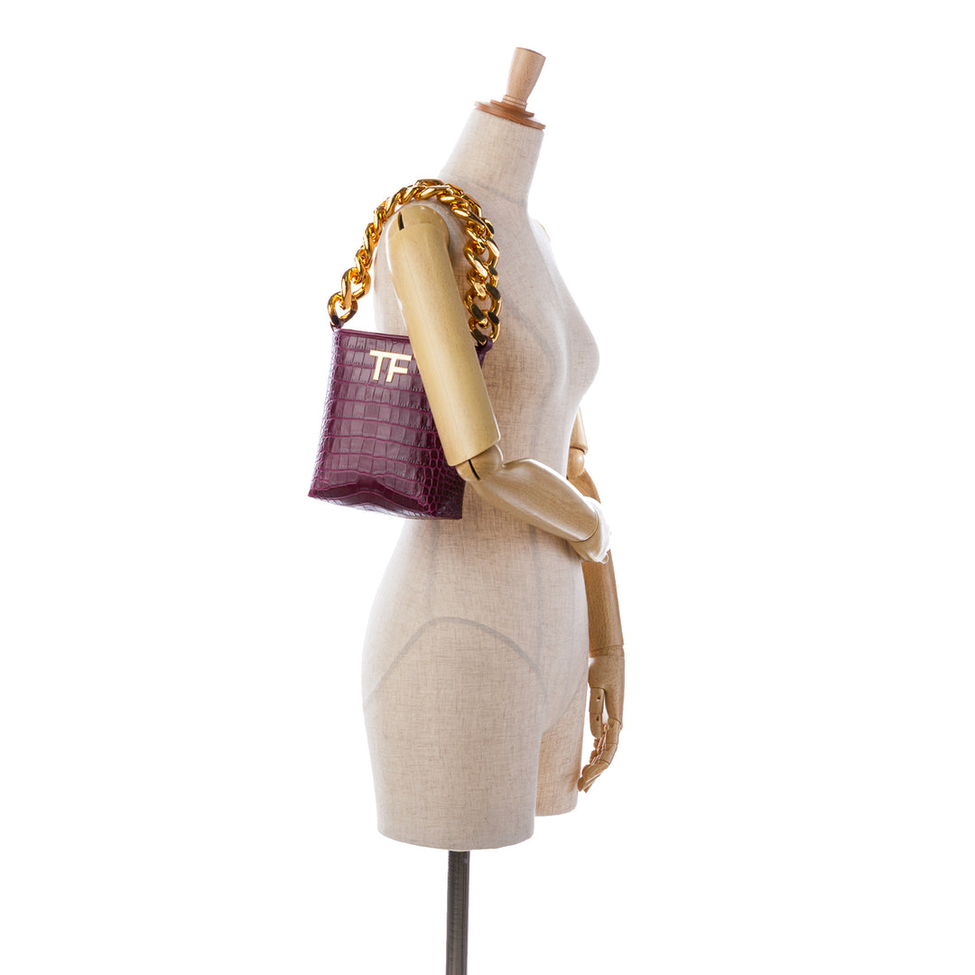 Mini Croc-Embossed Chain Bucket Bag Purple - Gaby Paris