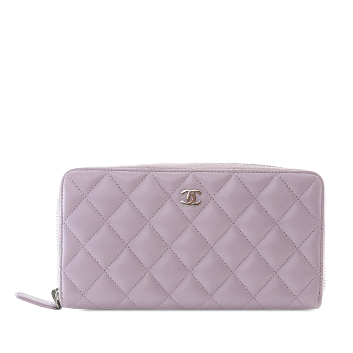 Quilted Lambskin Classic Long Zip Wallet Purple - Gaby Paris