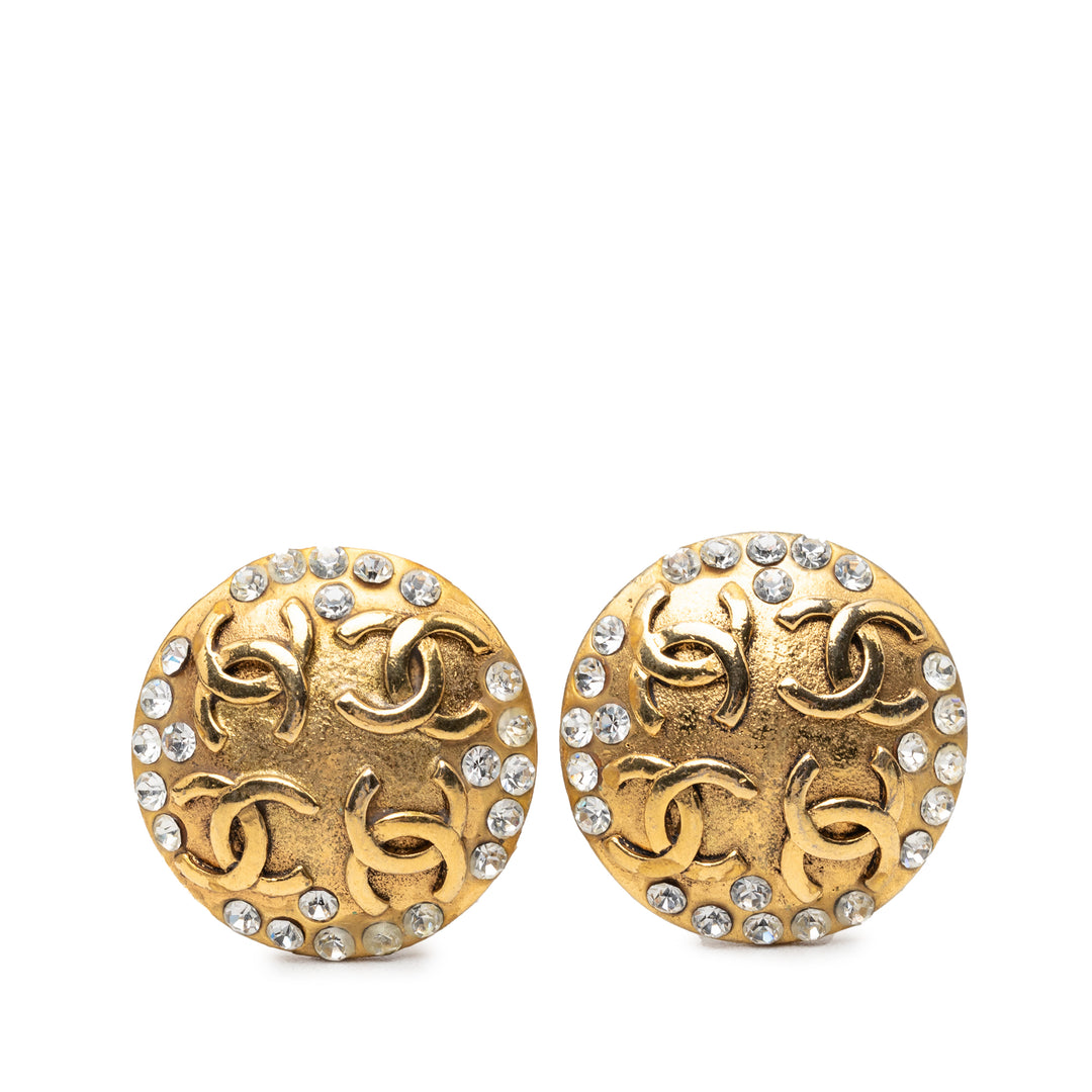 Chanel CC plaqué Strass Rond Clip On Boucles d’oreilles