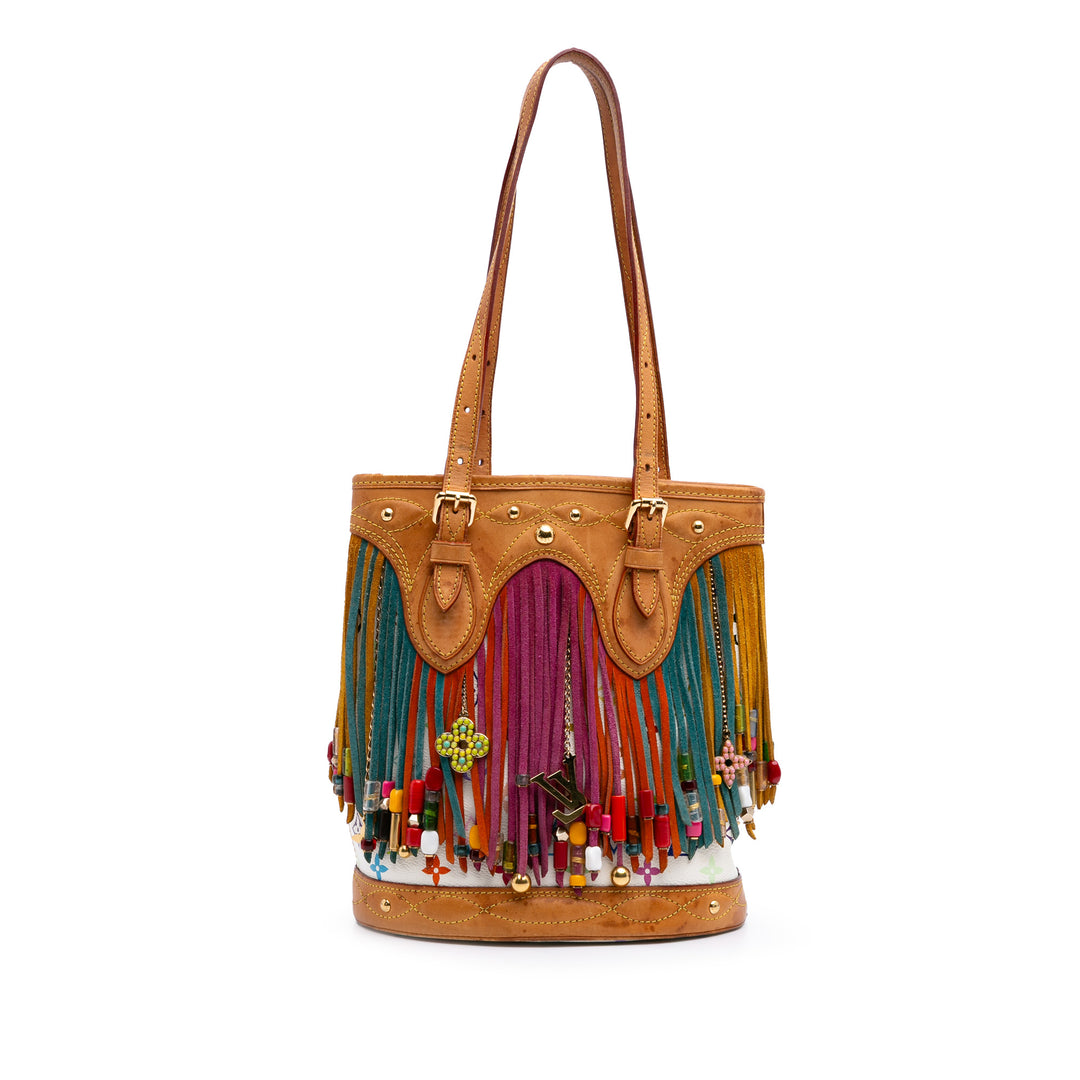 Monogram Multicolore Fringe Bucket White - Gaby Paris