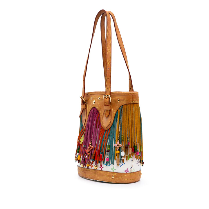 Monogram Multicolore Fringe Bucket White - Gaby Paris