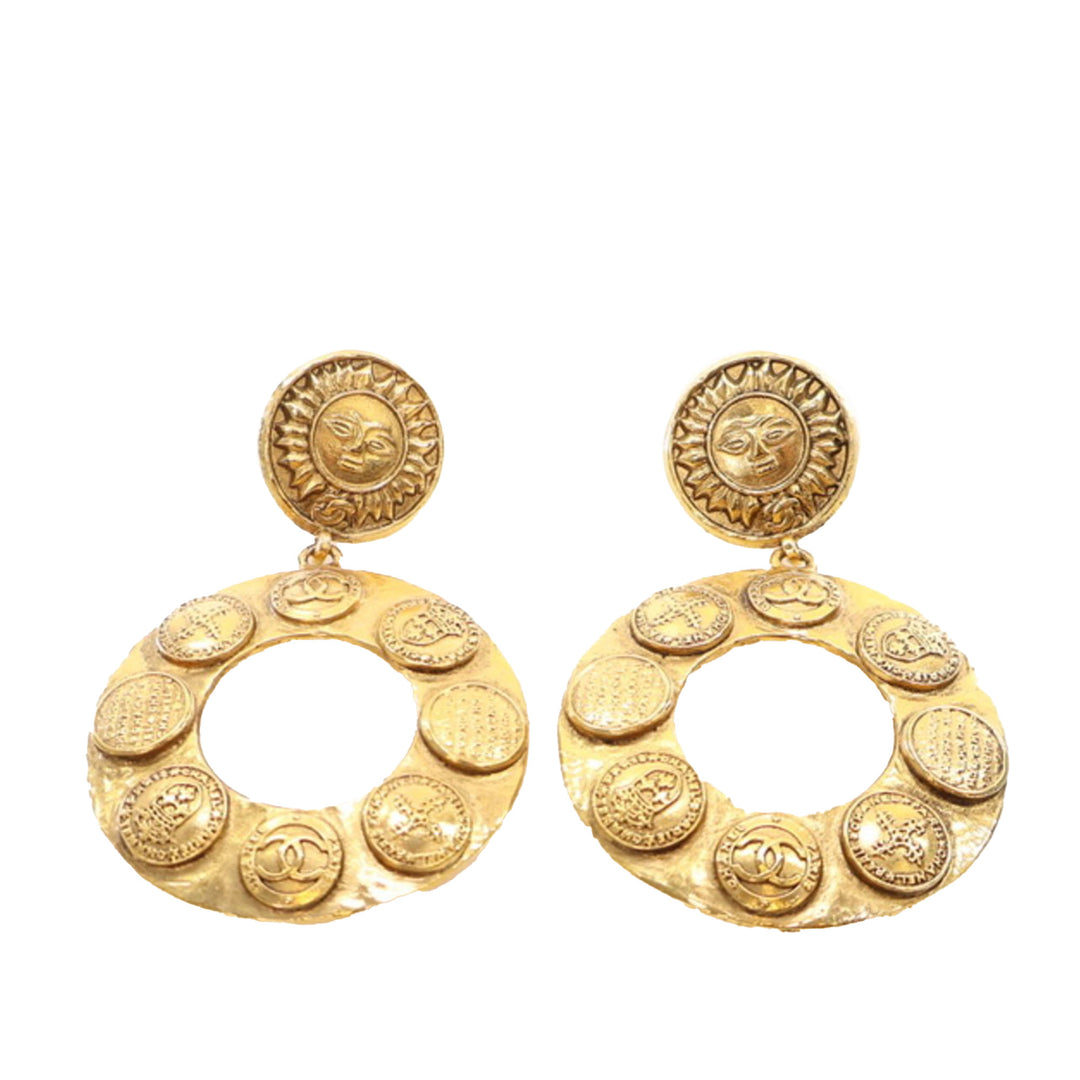 Gold Plated Sun Coin Medallion Motif Hoop Drop Earrings Gold - Gaby Paris