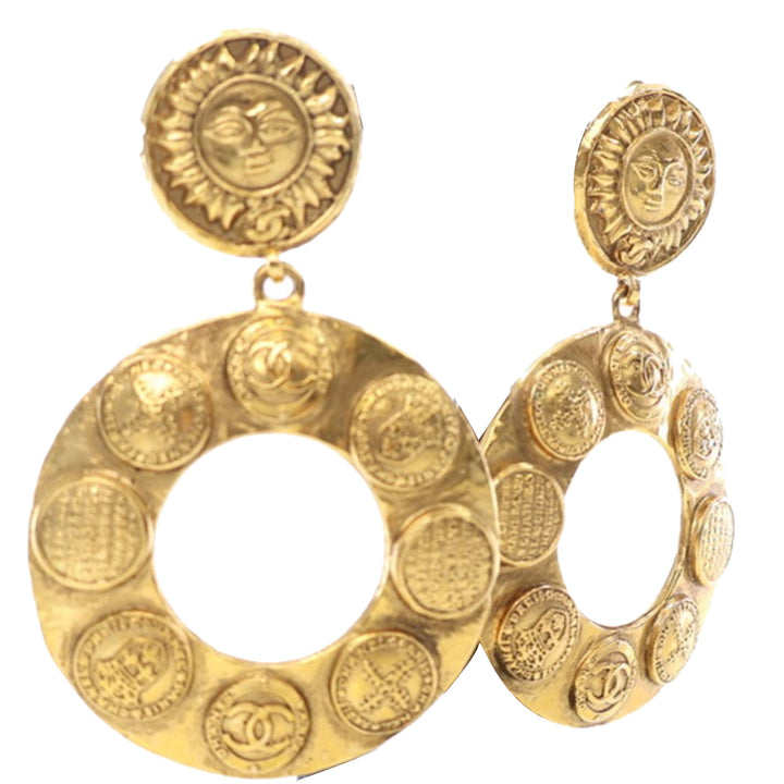 Gold Plated Sun Coin Medallion Motif Hoop Drop Earrings Gold - Gaby Paris