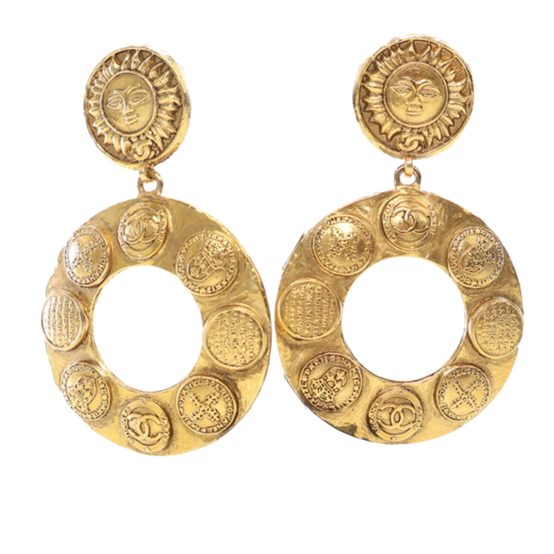 Gold Plated Sun Coin Medallion Motif Hoop Drop Earrings Gold - Gaby Paris