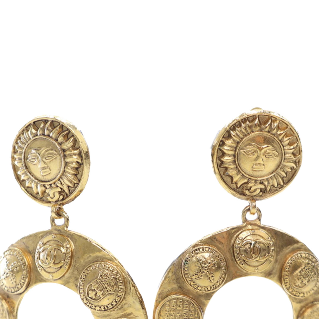 Gold Plated Sun Coin Medallion Motif Hoop Drop Earrings Gold - Gaby Paris