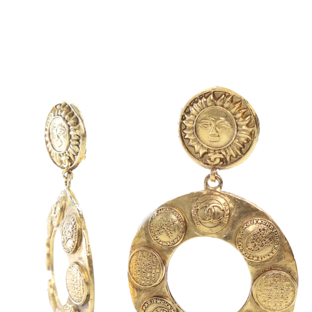 Gold Plated Sun Coin Medallion Motif Hoop Drop Earrings Gold - Gaby Paris